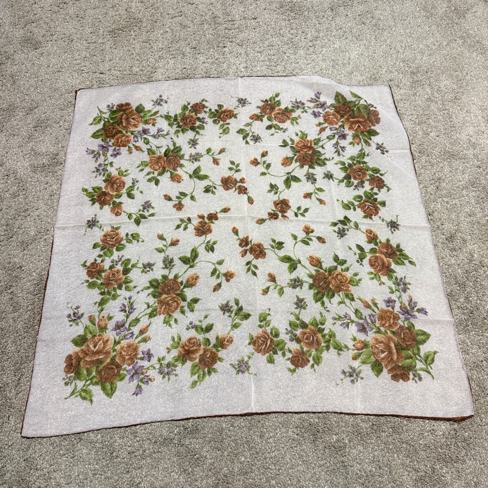 Vintage Sheer Square Scarf Brown Floral Rose Print White 26x26 Cottagecore